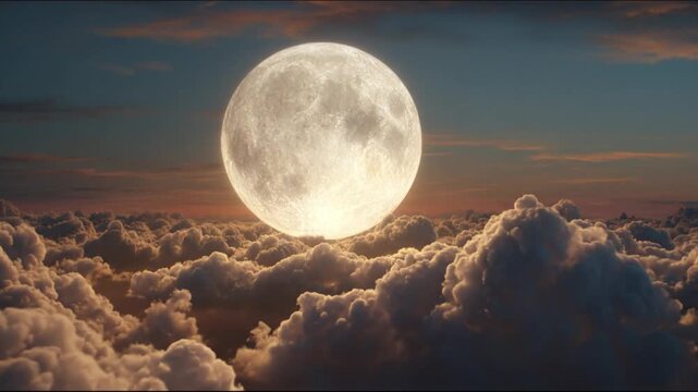Giant full moon rises above glowing clouds at dusk, silver light bathing the horizon with soft glow
