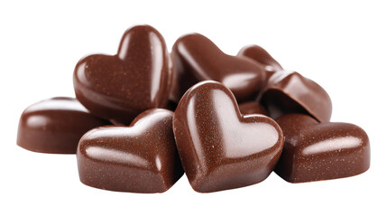 Pile of assorted golden dust gourmet chocolate heart shaped candies on transparent background