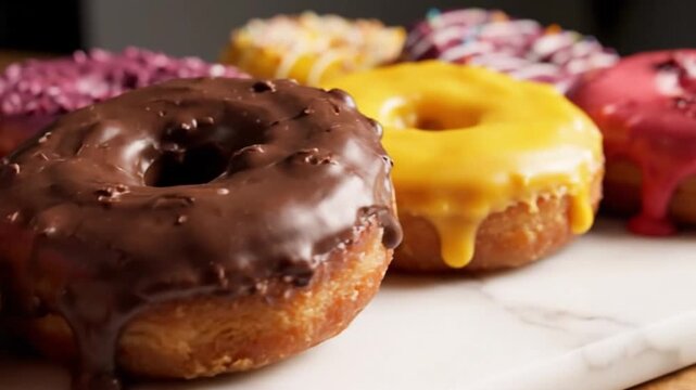 Several donuts with colored frosting are lined up a chocolate one is centered
