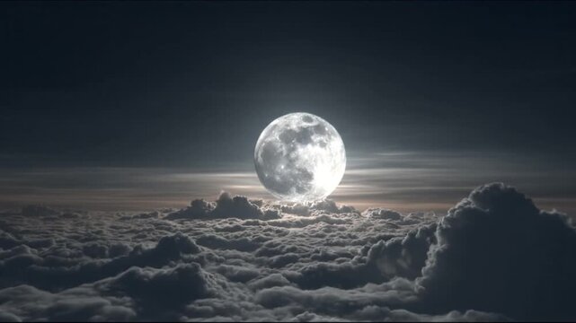 Moonlit full moon rising above a sea of dark clouds under a quiet, dusky night sky, vast and serene
