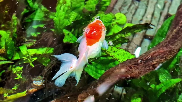 Oranda Red Cap swimming in an aquarium at the Malaysia&ndash;Singapore Airport