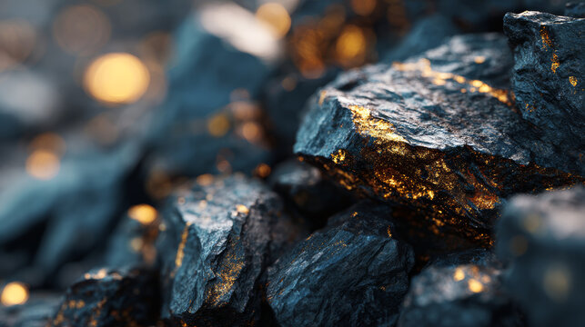 Natural raw iron ore rocks with rough textured dark gray and black surfaces, illuminated by warm golden light highlighting mineral details