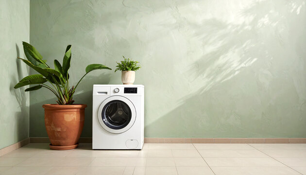 Modern white washing machine with plants in a room with green textured wall