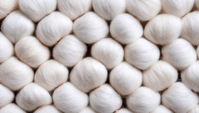 Neatly arranged white cotton balls showcasing soft, fibrous texture and round shape in a uniform pattern