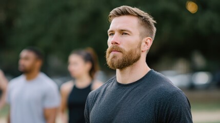 Young man with a beard and short blonde hair, standing in a park or outdoor area. he is wearing a dark grey t-shirt and is looking off to the side with a serious expression on his face.