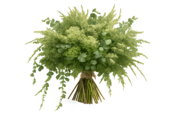 Green floral bouquet, plant arrangement, transparent background presentation