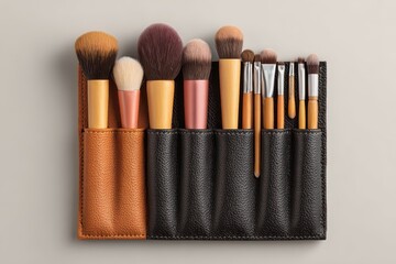 Closeup view of two organizers for cosmetic brushes showcasing various brush types and arrangement in a stylish setting