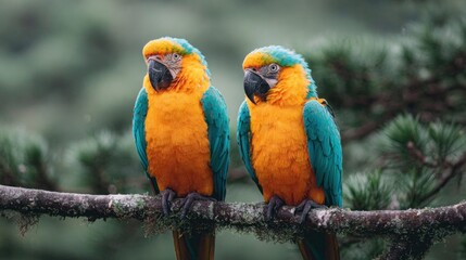 Fototapeta premium Two vibrant blue-and-gold macaws perched on a branch in a natural setting
