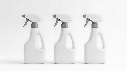 Three white spray bottles with grey nozzles for cleaning