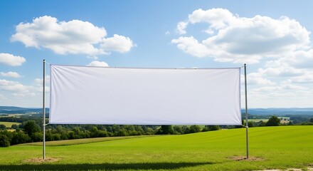 Blank white banner sign standing in a vibrant green field under a clear blue sky with fluffy white clouds, ready for custom text