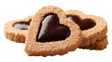 Pile of filled heart shaped cookies on transparent background close up isolated