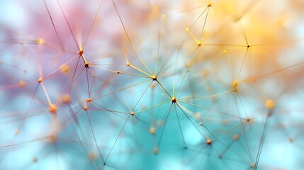 Abstract digital network of golden nodes and glowing lines with a soft gradient background of pink teal and yellow