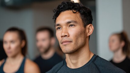 Close-up portrait of a young man with curly hair and a serious expression on his face. he is wearing a black t-shirt and is standing in front of a group of people who are also wearing black tank tops.