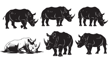 Collection of powerful rhinoceros illustrations in various dynamic poses and styles
