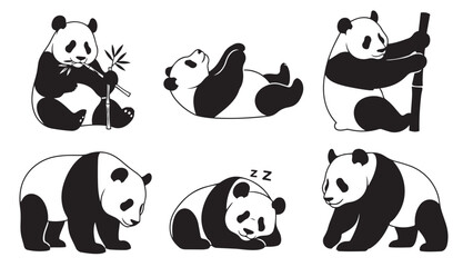 Adorable panda bears in various playful and relaxing poses, black and white illustration set