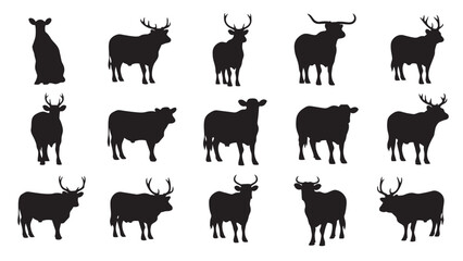 Collection of diverse animal silhouettes including deer, cattle, and horned mammals