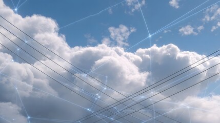 Digital network superimposed over power lines against a cloudy sky representing connectivity and data flow