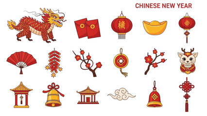 vibrant collection of traditional Chinese New Year symbols and decorations, including a dragon, lanterns, red envelopes, and plum blossoms, set against a white background.