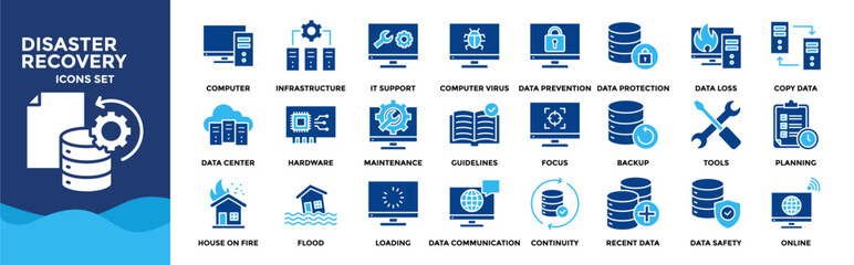 Disaster recovery icon collection set. Containing Computer Virus, Data center, House On Fire, Data Safety
