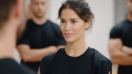 Fototapeta premium Young woman with dark hair, wearing a black t-shirt, standing in front of a group of people. she is looking directly at the camera with a slight smile on her face.