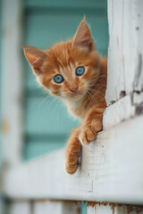 A red kitten with bright blue eyes peeks out through the crack of an old fence