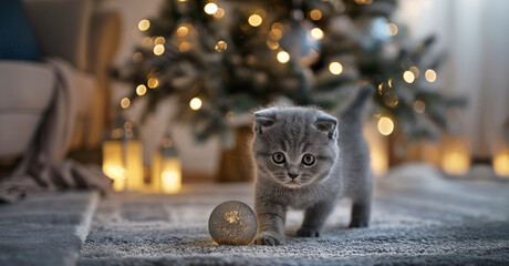 The kitten curiously watches the shining New Year's ball on a soft carpet, in a cozy room