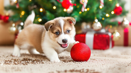 A puppy plays with a Christmas ball, illuminated by the lights of a Christmas tree