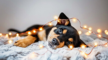 The puppy is depicted lying among softly glowing lights, creating a gentle atmosphere of warmth