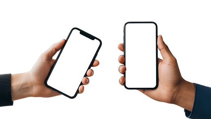 Two diverse hands holding black smartphones with blank white screens, perfect for app mockups and digital advertising, isolated on transparent background