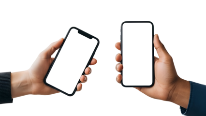 Two diverse hands holding black smartphones with blank white screens, perfect for app mockups and digital advertising, isolated on transparent background