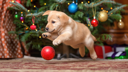 The puppy is depicted rapidly jumping to the New Year's ball