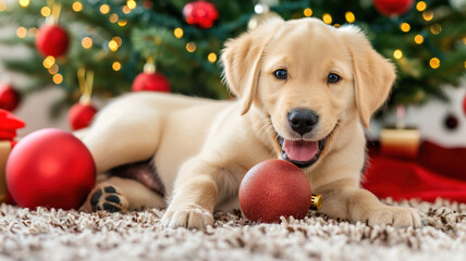 The puppy is depicted lying peacefully on the carpet surrounded by shining red balls