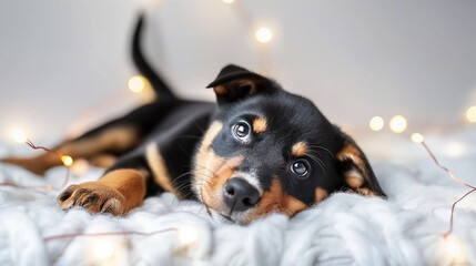 The puppy is depicted curled up in a ball on the bed, surrounded by the cozy lights of the garland