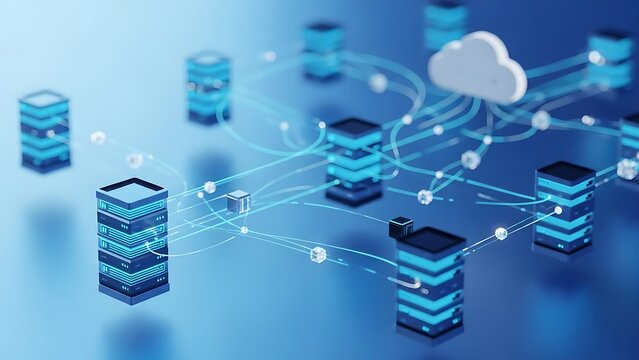 Modern cloud computing network with interconnected servers and data storage - Powered by Adobe