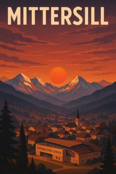 Mittersill town surrounded by the Alps during sunset featuring the National Park Center, with warm lighting and vivid clouds creating a serene alpine village scene