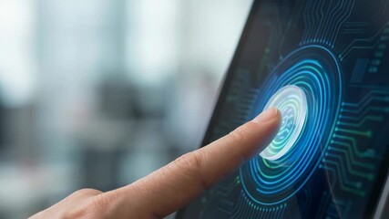 Fingerprint scanner digital device with finger pressing sensor and futuristic technology interface - Powered by Adobe