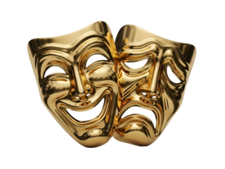 Shiny Golden Comedy and Tragedy Theatre Masks, representing drama, happiness, and sadness, a classic theatrical symbol, isolated on transparent background.