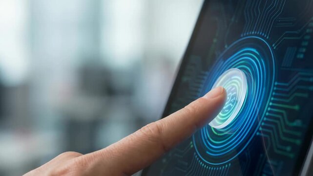 Fingerprint scanner digital device with finger pressing sensor and futuristic technology interface