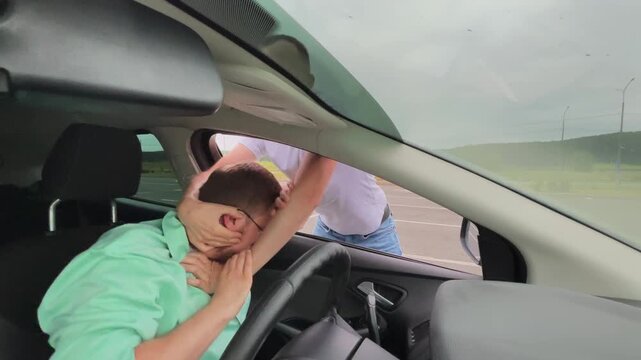 Road rage. Men fighting. Slow motion video. High quality 4k footage