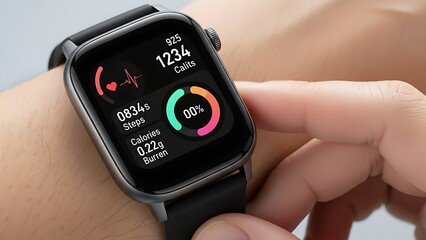 Close-up of smartwatch on wrist displaying fitness tracking data