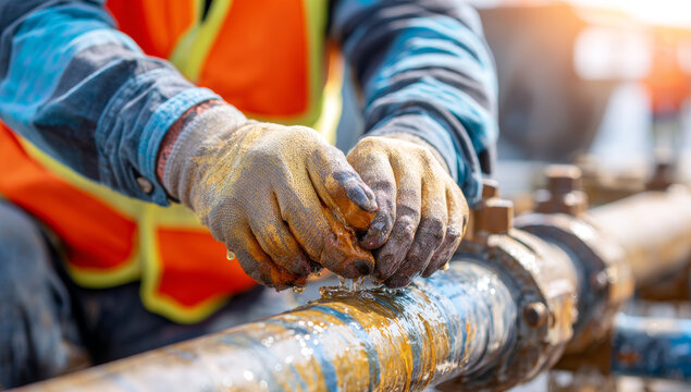 Oil and gas technician wearing orange safety vest and gloves inspecting or repairing industrial pipeline equipment