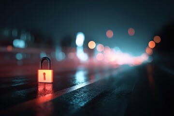 Cyber security concept featuring a glowing lock on a dimly lit street at night, emphasizing the importance of digital protection and data safety in urban environments