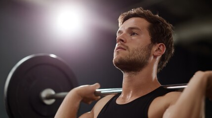 Young man lifting a barbell in a gym. he is wearing a black tank top and appears to be in the middle of a workout.