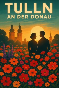 Stylized poster of Tulln an der Donau featuring a couple silhouetted among red wildflowers with a church and sun setting behind them in warm twilight colors