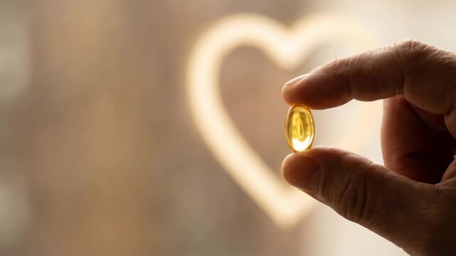Hand holding yellow capsule pill medicine supplement vitamin with heart shape light background