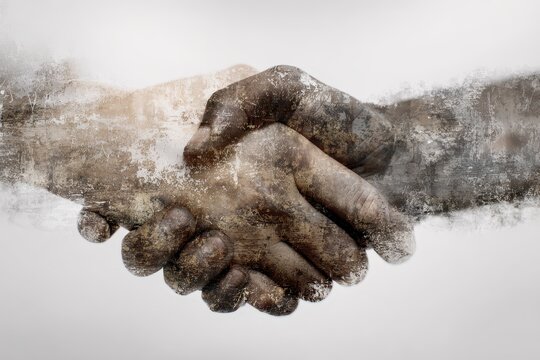 Two individuals engaging in a firm handshake to signify agreement over a signed contract in a neutral setting during daytime