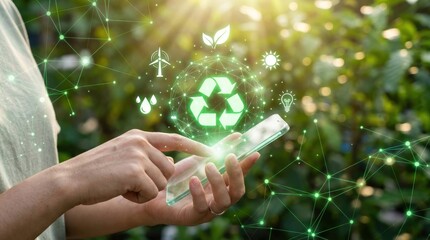 Hand Holding Smartphone with Environmental Icons and Green Background Representing Sustainability and Technology