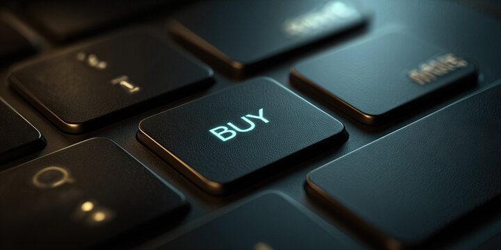The Buy Button: An isolated close-up of a keyboard button that says BUY, illuminated with a cool, digital glow, is ready to entice viewers into the world of electronic commerce. - Powered by Adobe