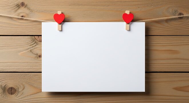 Blank white card with red heart clothespins hanging on a string against a rustic wooden background, ready for your message or text