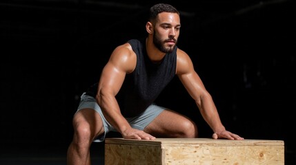 Young man in a gym, squatting on a wooden box. he is wearing a black tank top and grey shorts. he has a beard and is looking directly at the camera with a serious expression on his face.